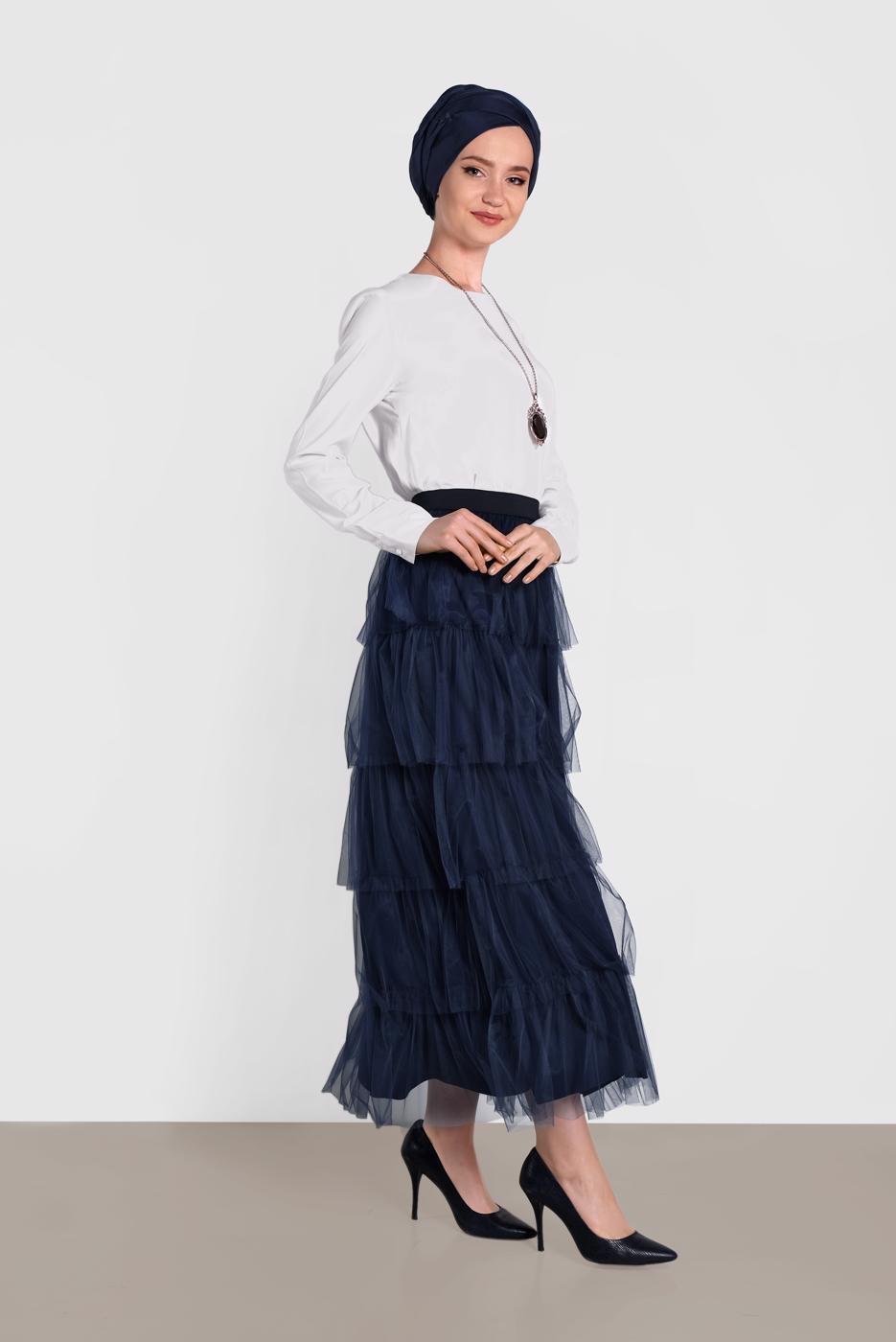 Tesettür giyim LACİVERT ALVİNA BELİ LASTİKLİ KAT KAT TÜL ETEK 6353