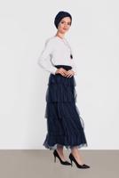 Tesettür giyim LACİVERT ALVİNA BELİ LASTİKLİ KAT KAT TÜL ETEK 6353
