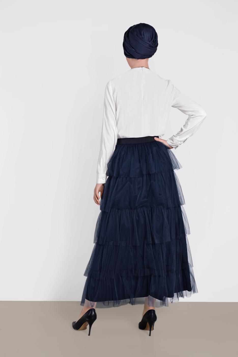 Tesettür giyim LACİVERT ALVİNA BELİ LASTİKLİ KAT KAT TÜL ETEK 6353