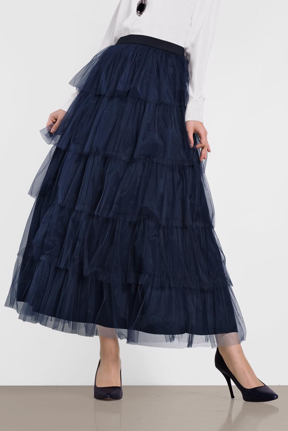 Tesettür giyim LACİVERT ALVİNA BELİ LASTİKLİ KAT KAT TÜL ETEK 6353