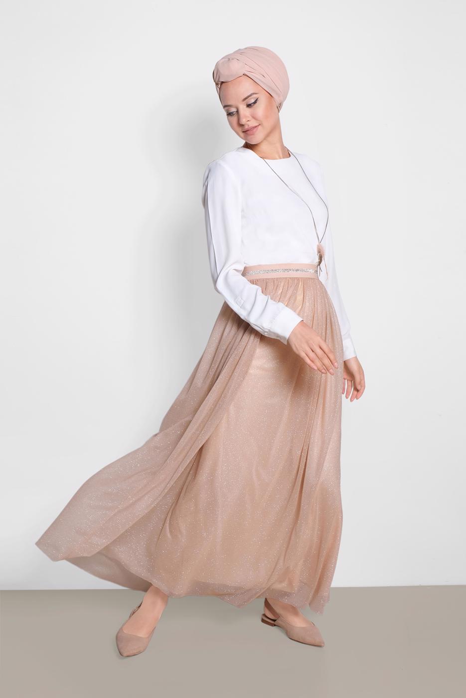 Tesettür giyim ALTIN ALVİNA BELİ LASTİKLİ TÜLLÜ ETEK 6355