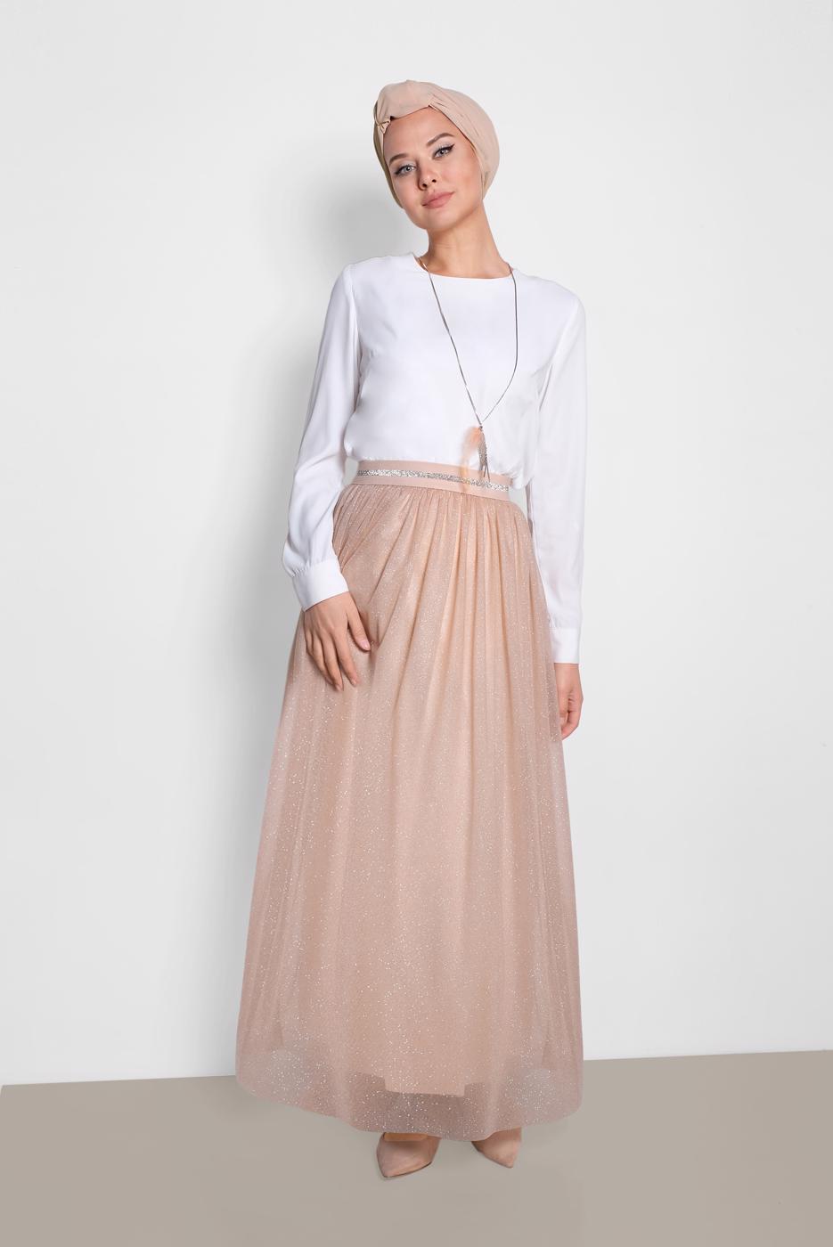 Tesettür giyim ALTIN ALVİNA BELİ LASTİKLİ TÜLLÜ ETEK 6355