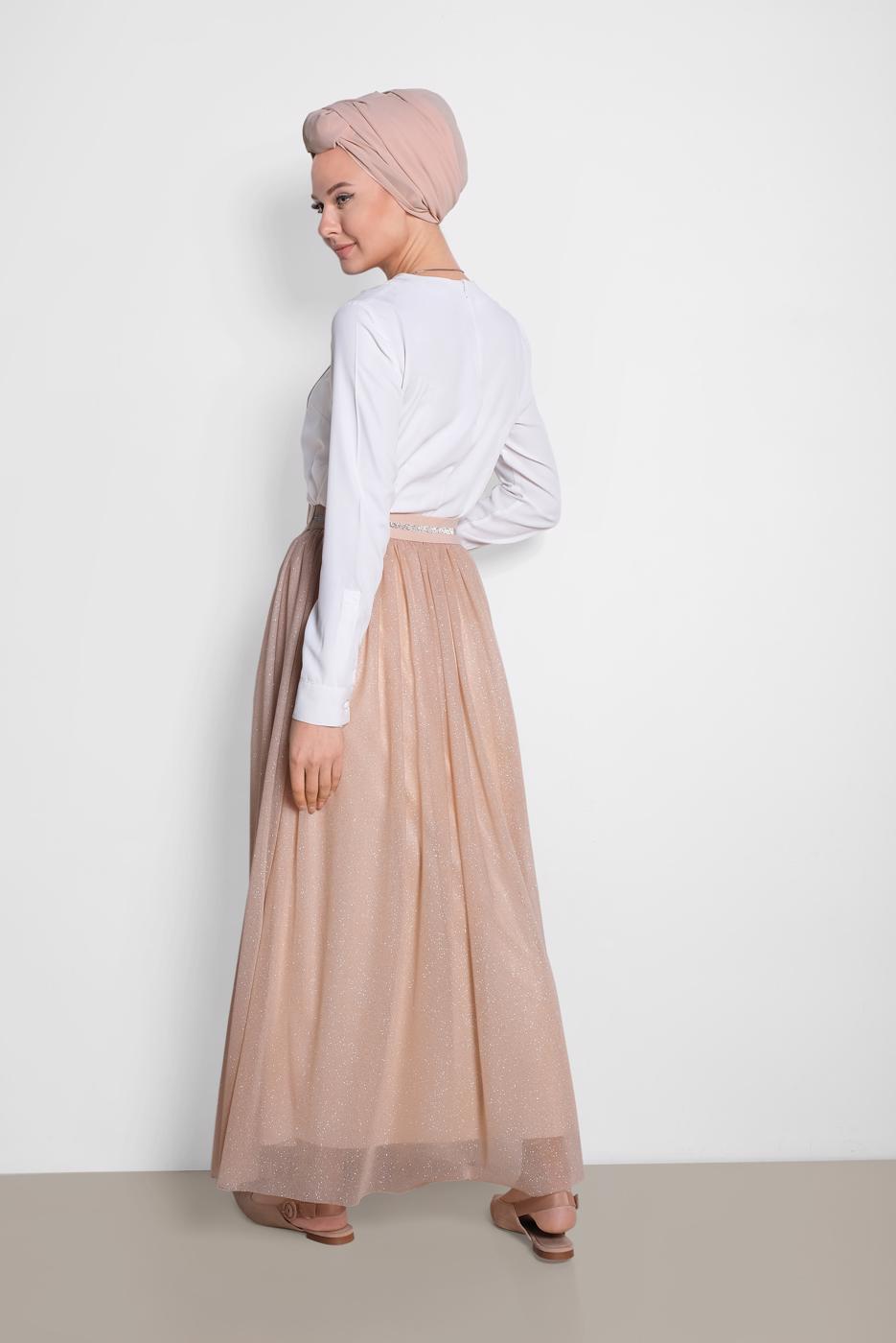 Tesettür giyim ALTIN ALVİNA BELİ LASTİKLİ TÜLLÜ ETEK 6355