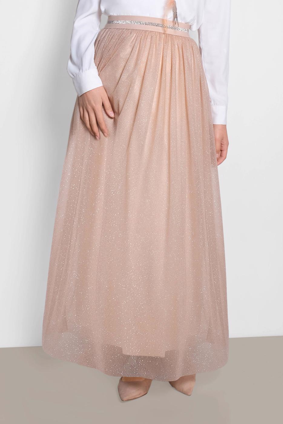 Tesettür giyim ALTIN ALVİNA BELİ LASTİKLİ TÜLLÜ ETEK 6355