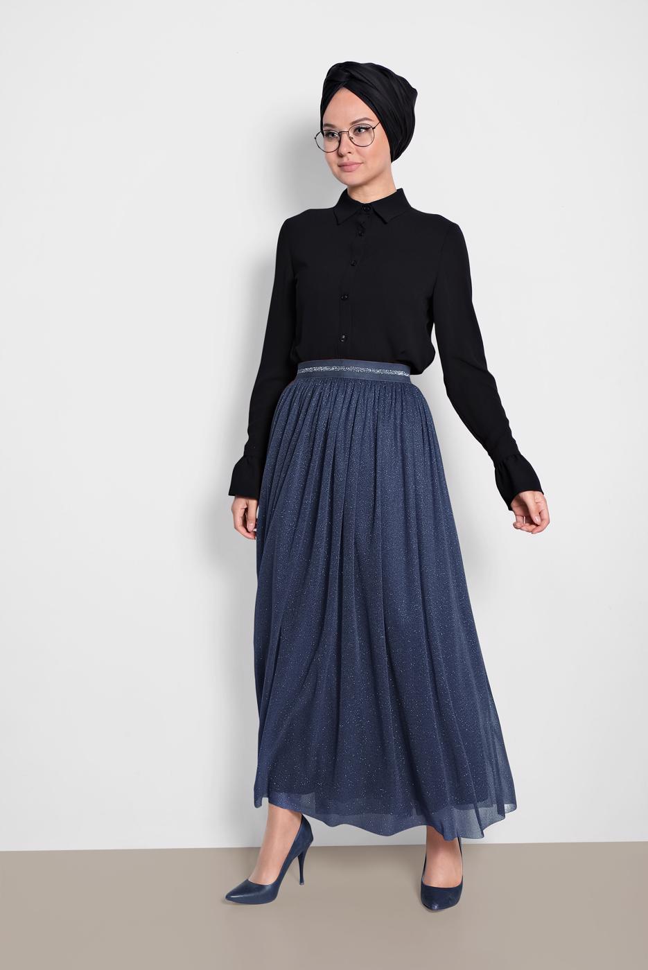 Tesettür giyim LACİVERT ALVİNA BELİ LASTİKLİ TÜLLÜ ETEK 6355