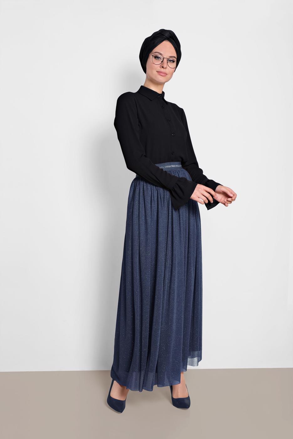 Tesettür giyim LACİVERT ALVİNA BELİ LASTİKLİ TÜLLÜ ETEK 6355