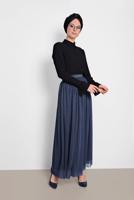 Tesettür giyim LACİVERT ALVİNA BELİ LASTİKLİ TÜLLÜ ETEK 6355