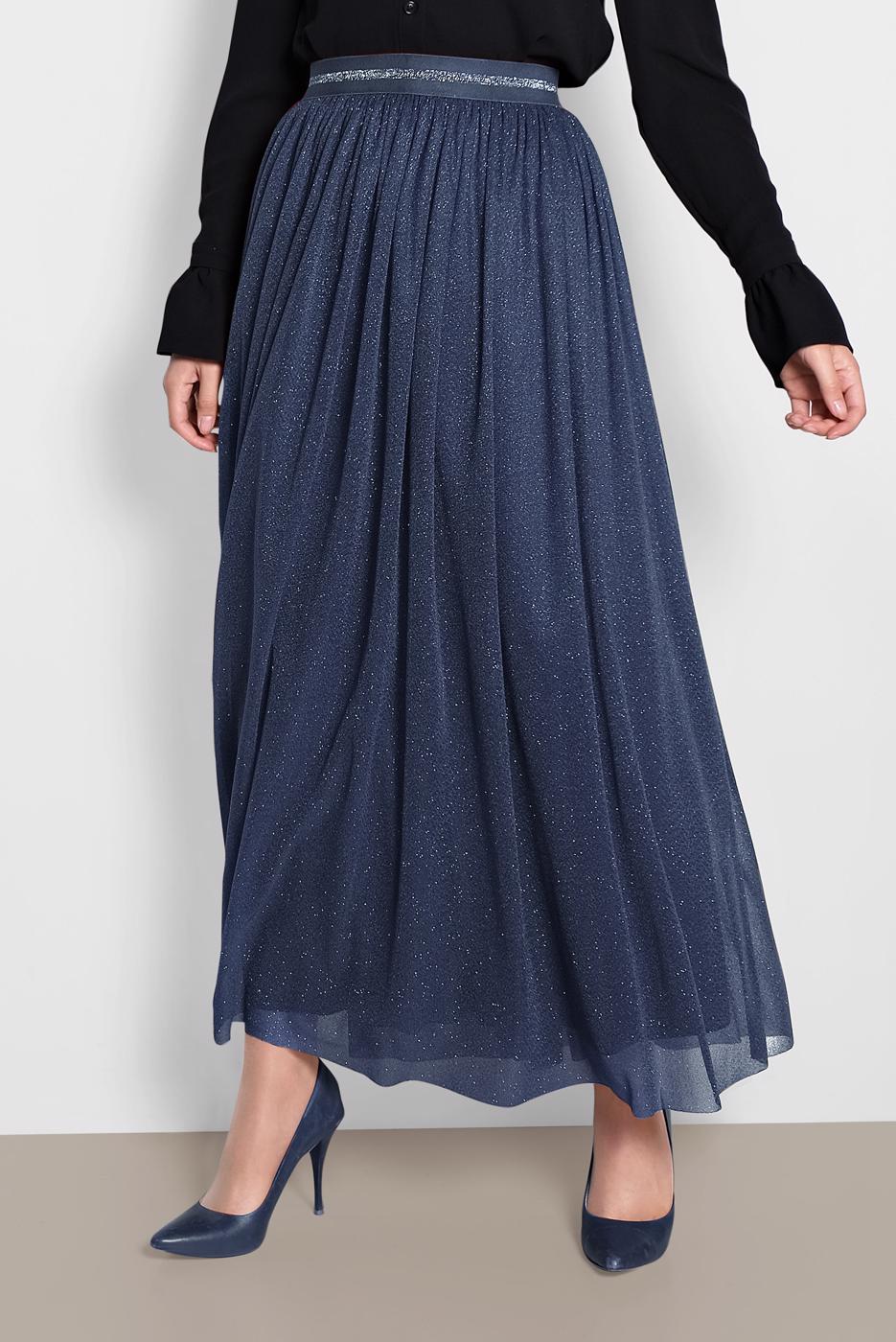 Tesettür giyim LACİVERT ALVİNA BELİ LASTİKLİ TÜLLÜ ETEK 6355