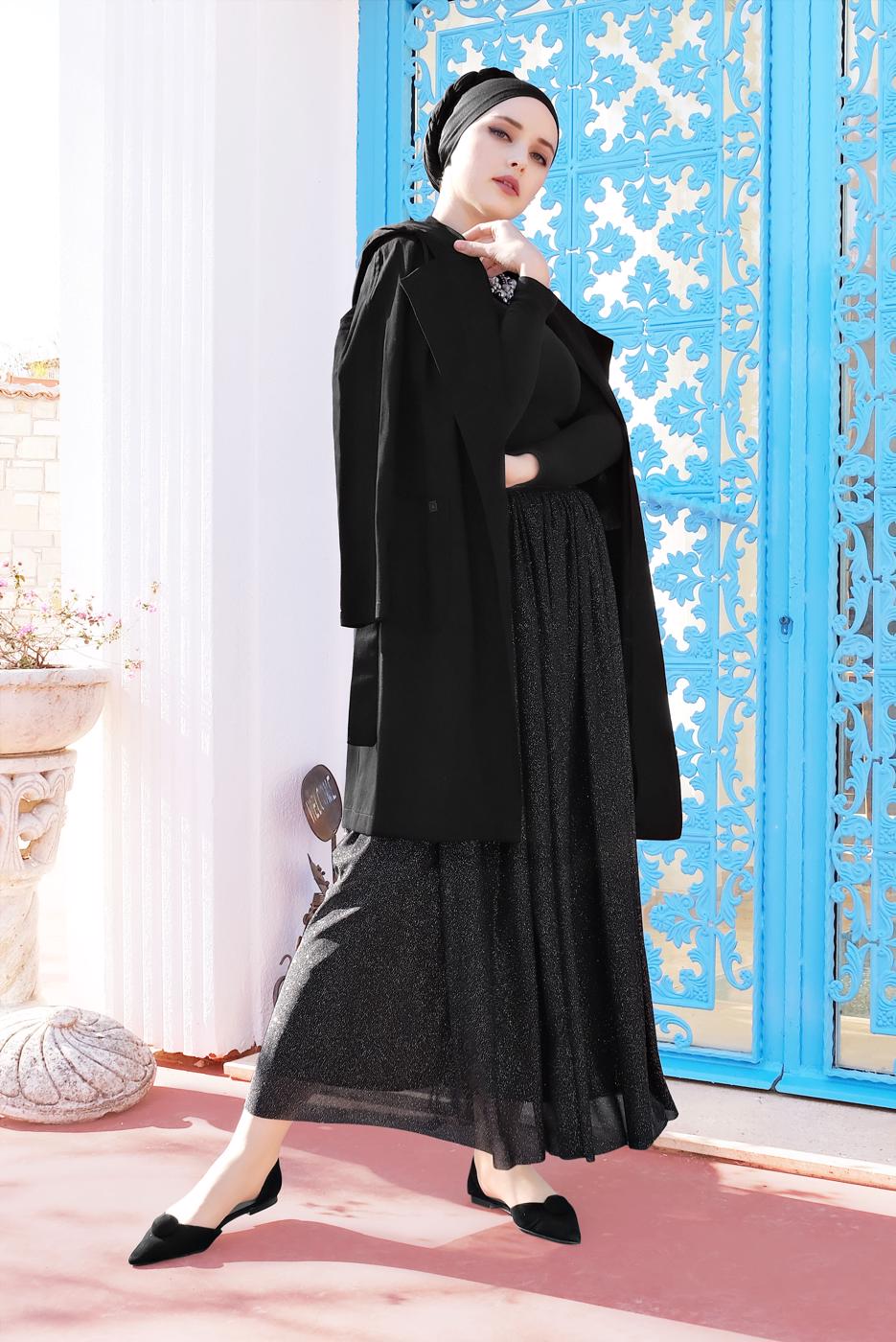 Tesettür giyim SİYAH ALVİNA BELİ LASTİKLİ TÜLLÜ ETEK 6355