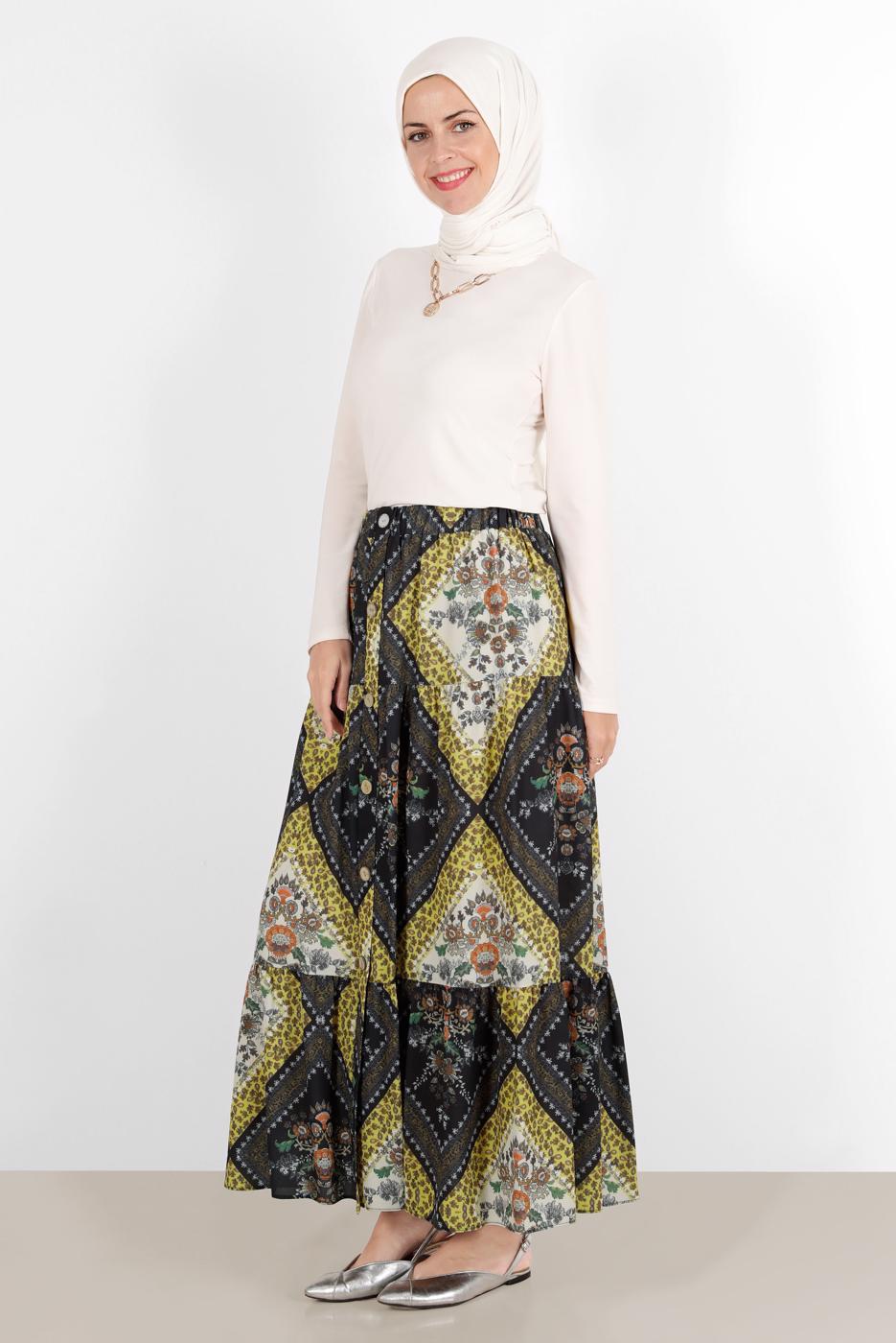 Tesettür giyim SARI ALVİNA BELİ LASTİKLİ DESENLİ ETEK 6357 