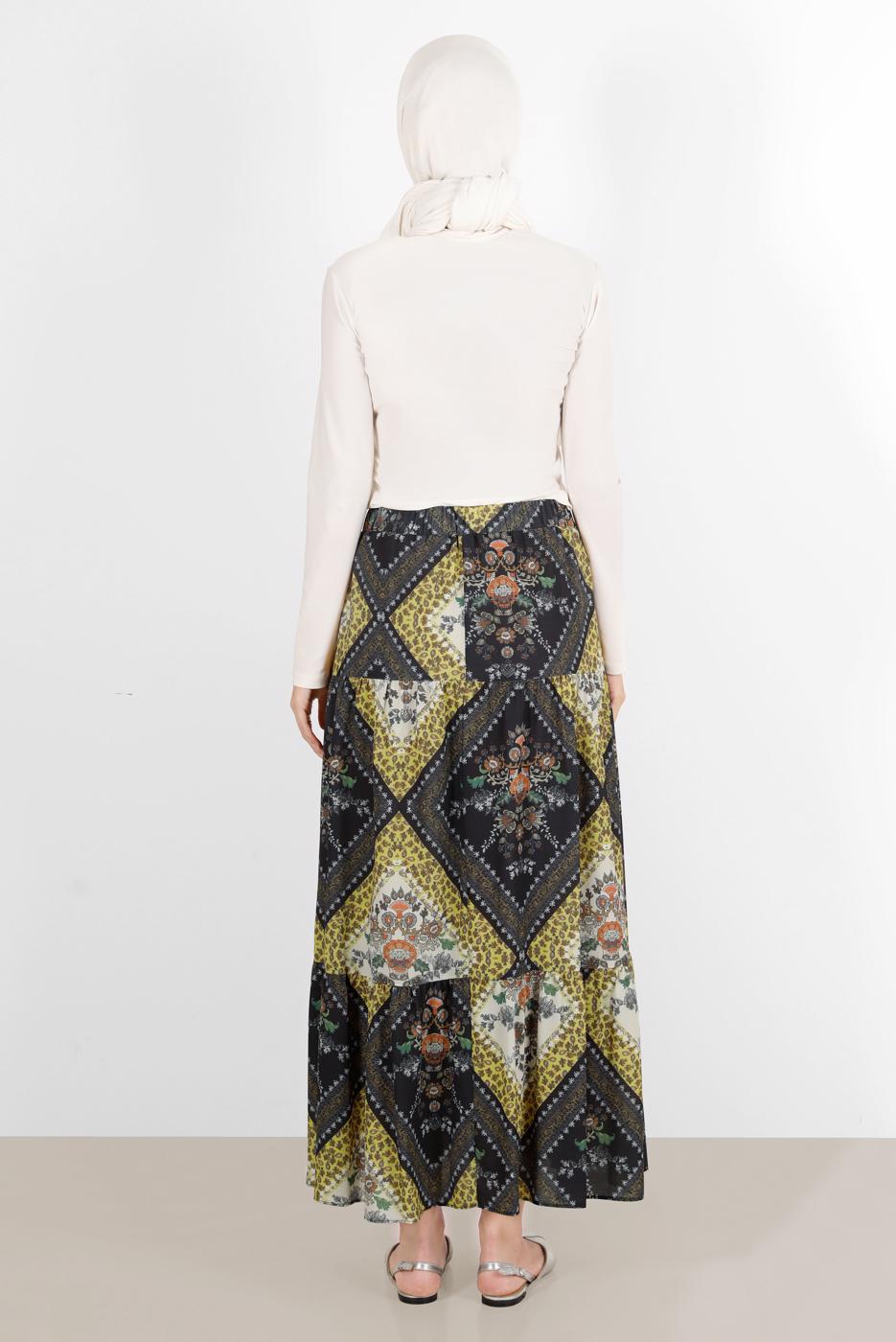 Tesettür giyim SARI ALVİNA BELİ LASTİKLİ DESENLİ ETEK 6357 