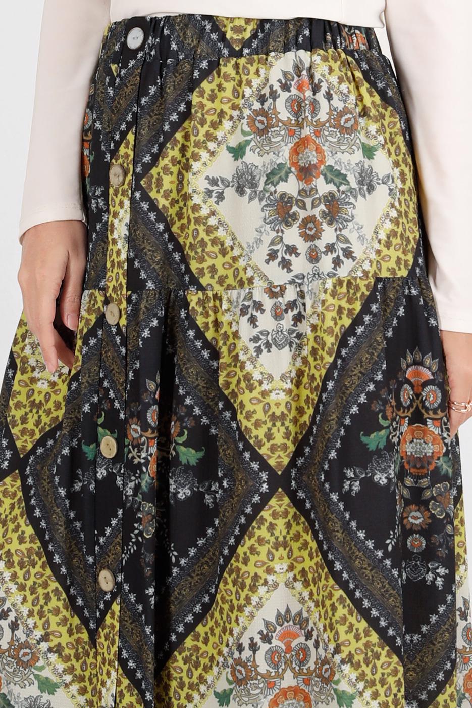 Tesettür giyim SARI ALVİNA BELİ LASTİKLİ DESENLİ ETEK 6357 