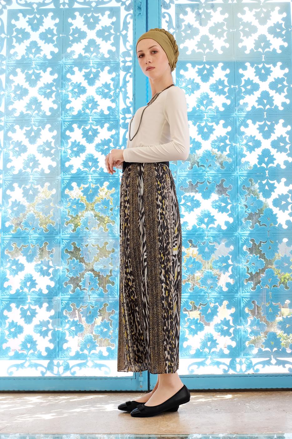 Tesettür giyim SARI ALVİNA PİLİSELİ DESENLİ ETEK 6364