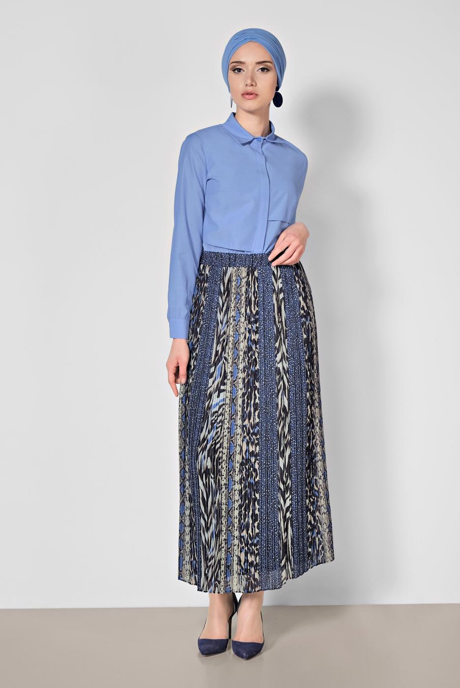 Tesettür giyim LACİVERT ALVİNA PİLİSELİ DESENLİ ETEK 6364