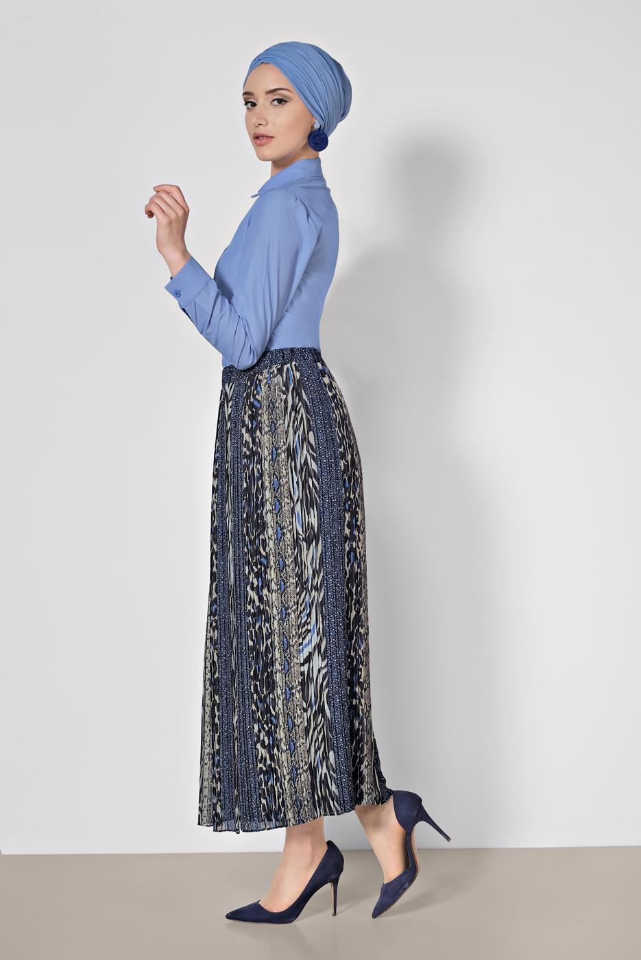 Tesettür giyim LACİVERT ALVİNA PİLİSELİ DESENLİ ETEK 6364