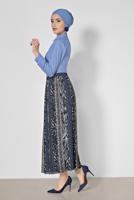 Tesettür giyim LACİVERT ALVİNA PİLİSELİ DESENLİ ETEK 6364