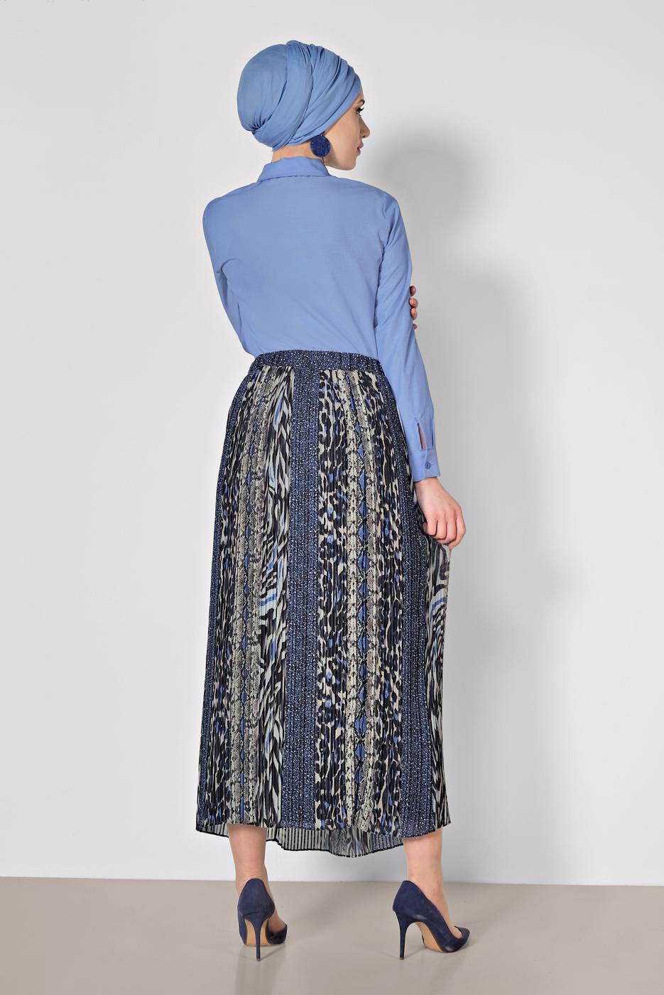 Tesettür giyim LACİVERT ALVİNA PİLİSELİ DESENLİ ETEK 6364