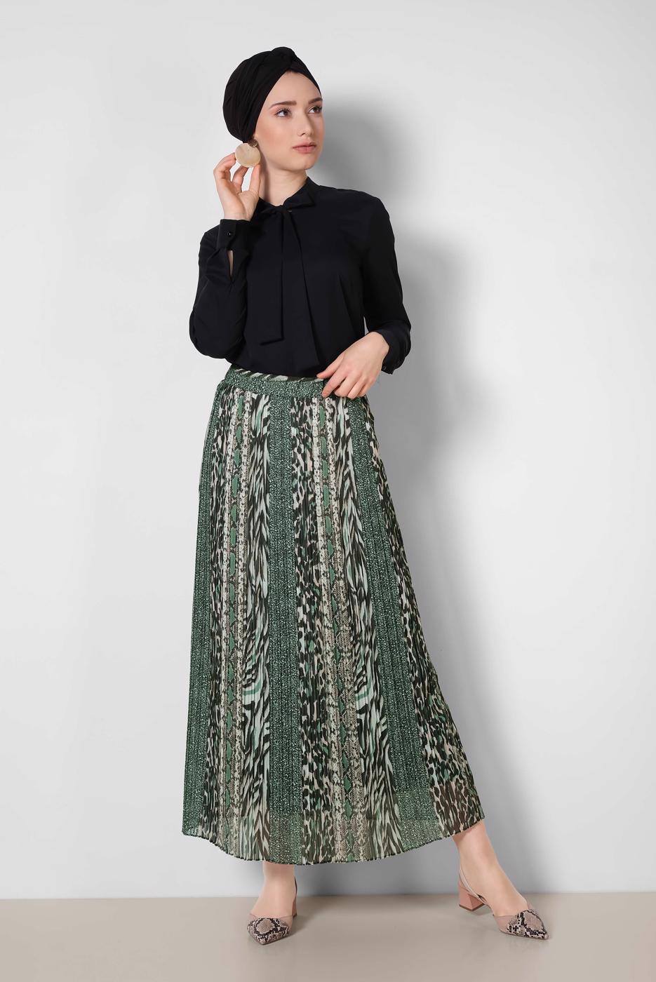 Tesettür giyim YEŞİL ALVİNA PİLİSELİ DESENLİ ETEK 6364