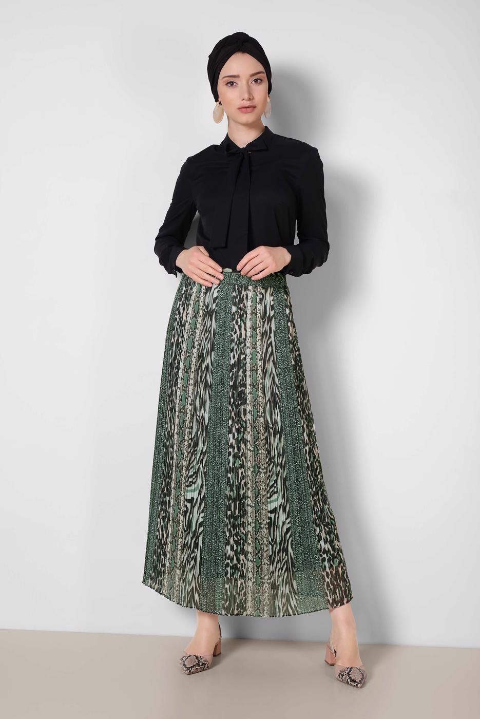 Tesettür giyim YEŞİL ALVİNA PİLİSELİ DESENLİ ETEK 6364