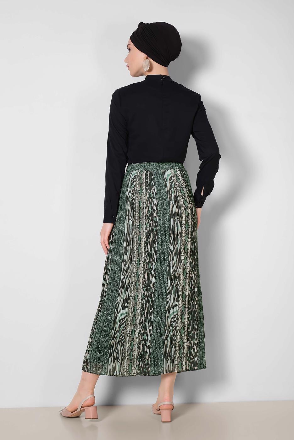 Tesettür giyim YEŞİL ALVİNA PİLİSELİ DESENLİ ETEK 6364