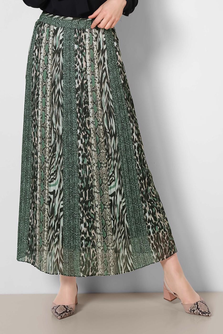 Tesettür giyim YEŞİL ALVİNA PİLİSELİ DESENLİ ETEK 6364