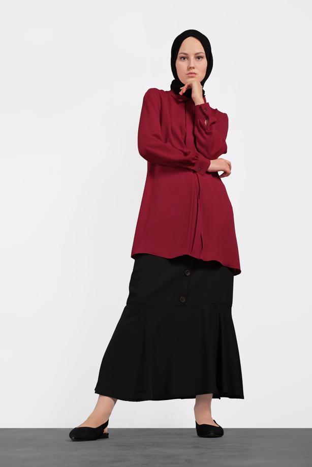 Hijab clothing BLACK BUTTON TRIMMED FLOUNCE-HEM SKIRT 6368 - TRENDTESETTÜR