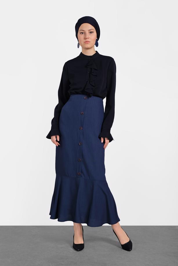 Hijab clothing NAVY BLUE BUTTON TRIMMED FLOUNCE-HEM SKIRT 6368 - TRENDTESETTÜR