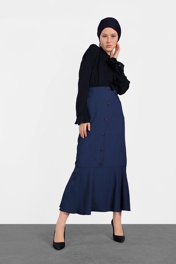Hijab clothing NAVY BLUE BUTTON TRIMMED FLOUNCE-HEM SKIRT 6368 - TRENDTESETTÜR