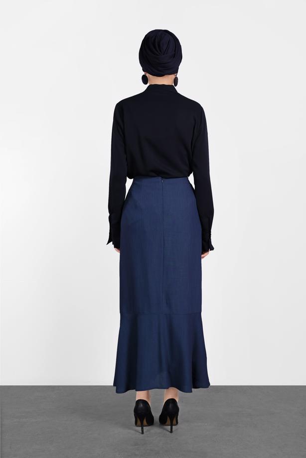 Hijab clothing NAVY BLUE BUTTON TRIMMED FLOUNCE-HEM SKIRT 6368 - TRENDTESETTÜR