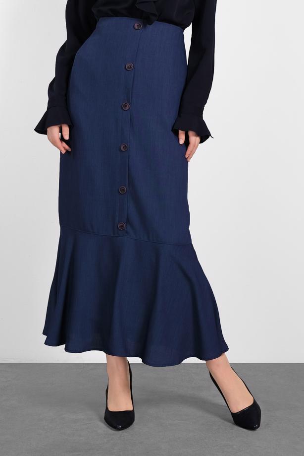 Hijab clothing NAVY BLUE BUTTON TRIMMED FLOUNCE-HEM SKIRT 6368 - TRENDTESETTÜR