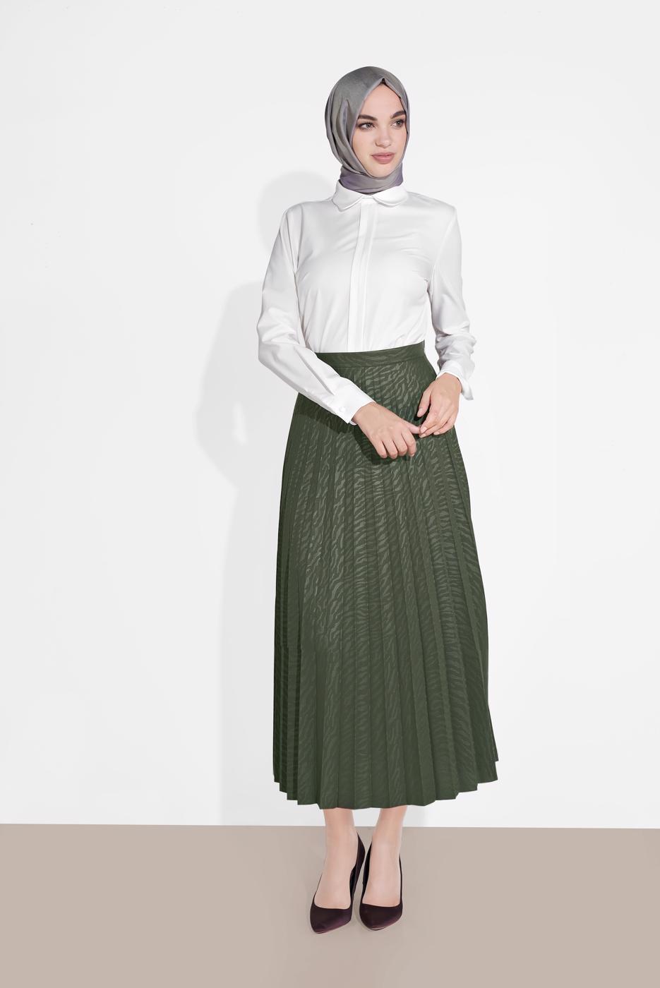 Tesettür giyim HAKİ PİLİSELİ DESENLİ ETEK  8161 