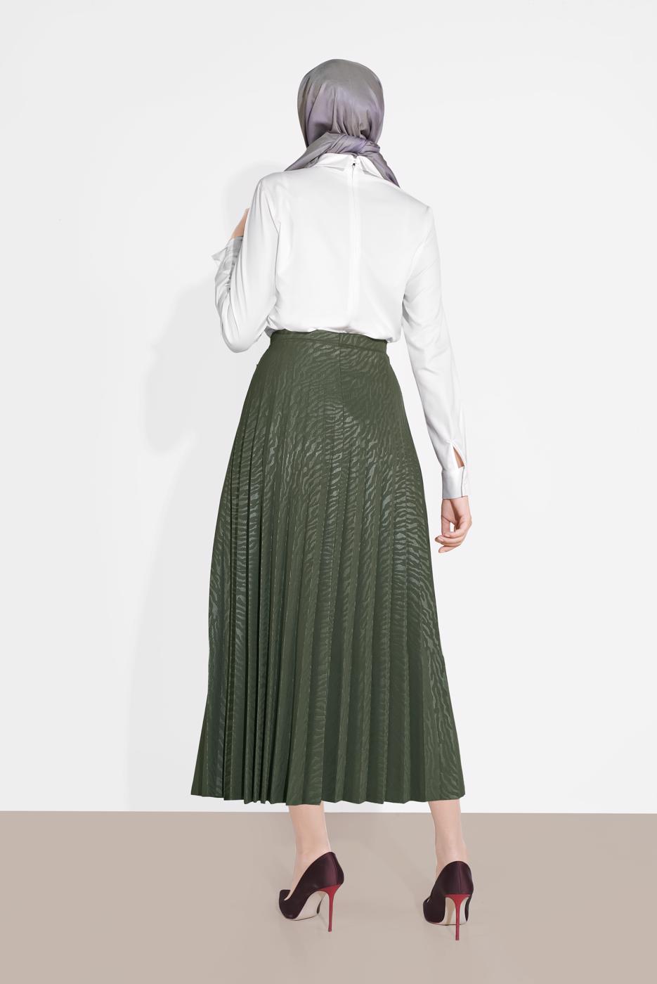 Tesettür giyim HAKİ PİLİSELİ DESENLİ ETEK  8161 