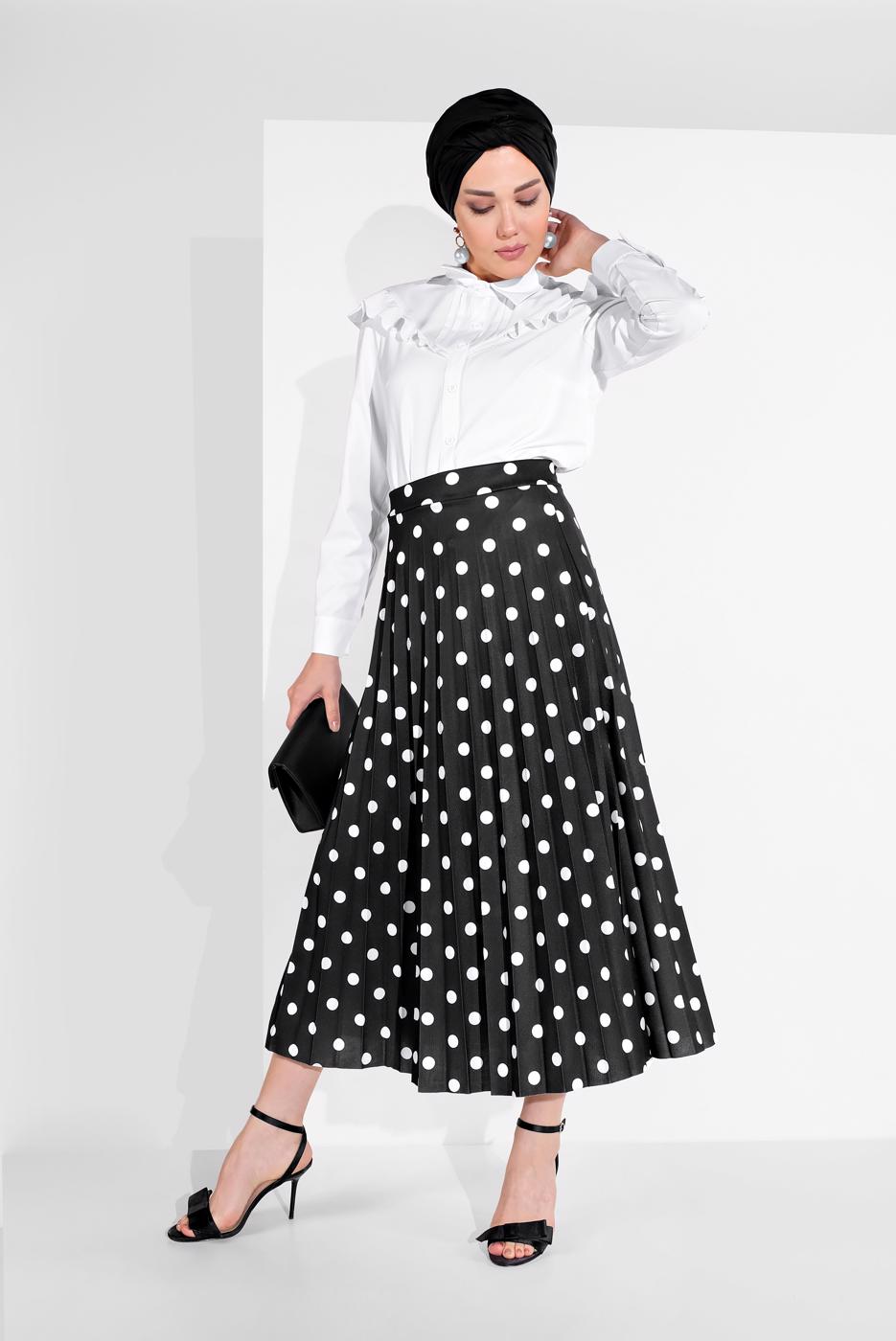 Tesettür giyim SİYAH PUANTİYE DESENLİ ETEK 9161