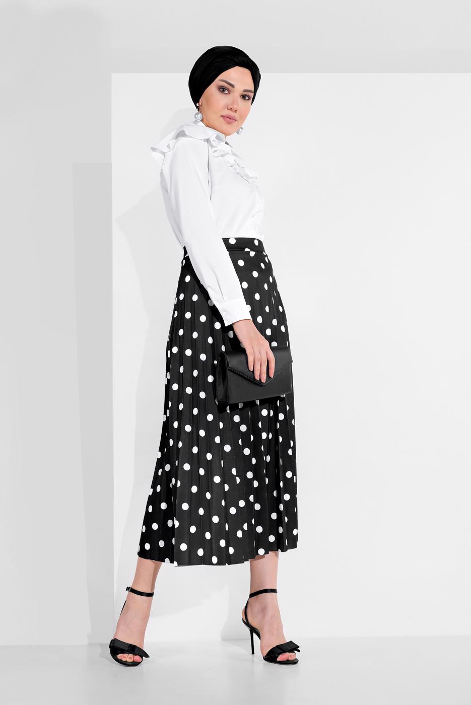 Tesettür giyim SİYAH PUANTİYE DESENLİ ETEK 9161