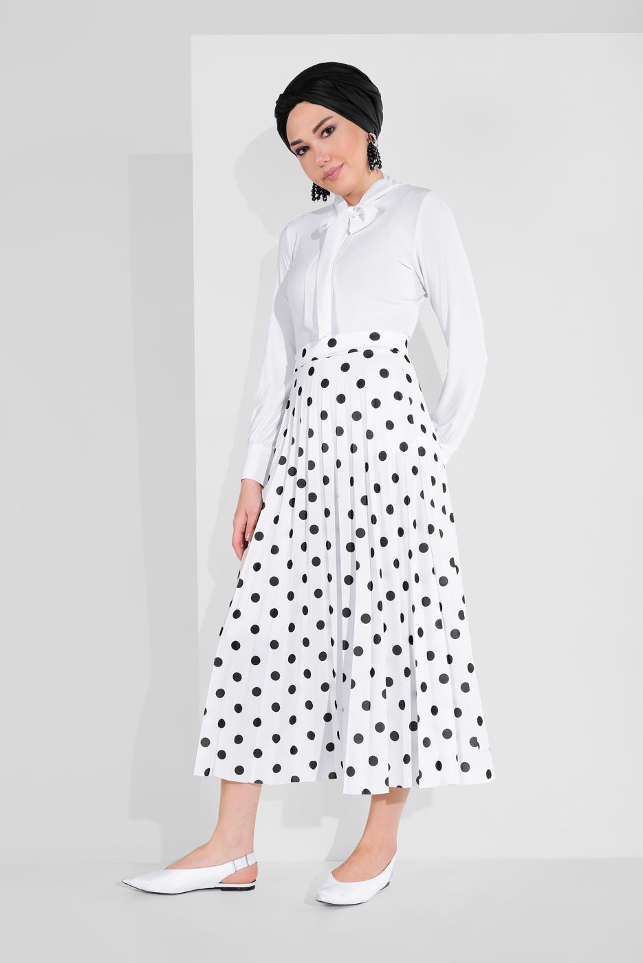 Tesettür giyim KREM PUANTİYE DESENLİ ETEK 9161