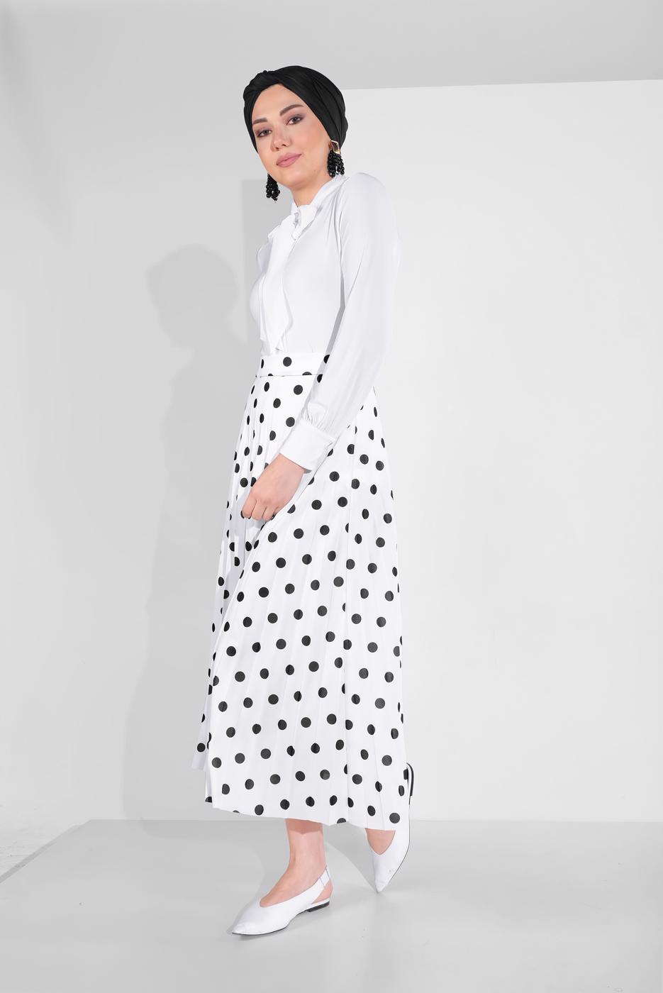 Tesettür giyim KREM PUANTİYE DESENLİ ETEK 9161