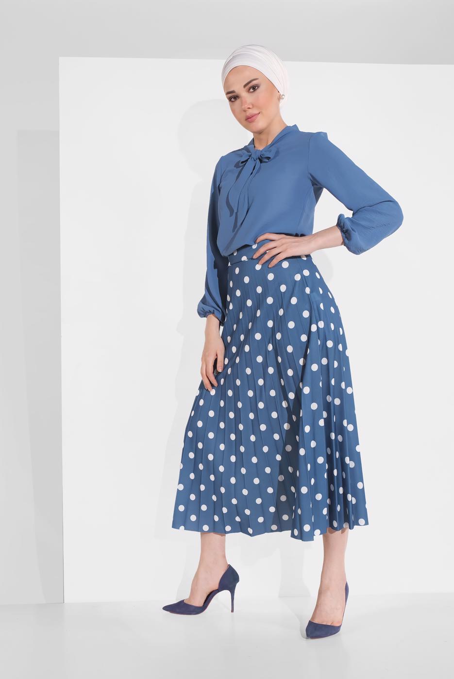 Tesettür giyim LACİVERT PUANTİYE DESENLİ ETEK 9161