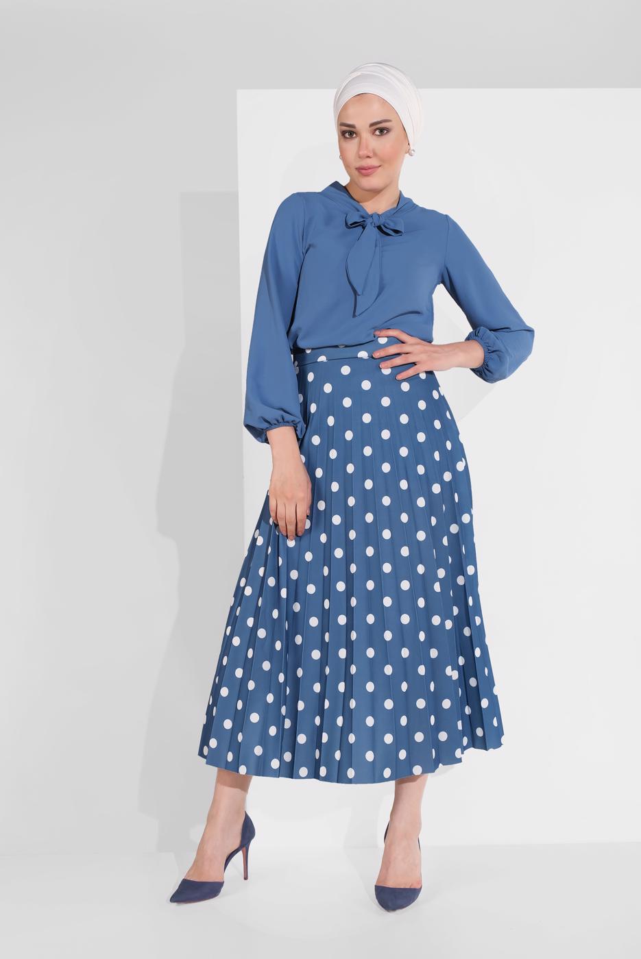 Tesettür giyim LACİVERT PUANTİYE DESENLİ ETEK 9161