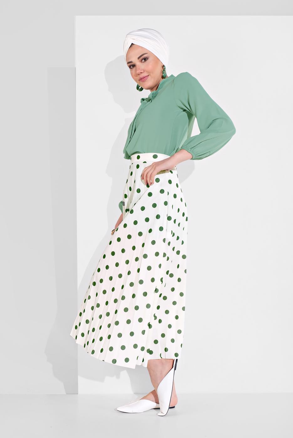 Tesettür giyim KREM PUANTİYE DESENLİ ETEK 9161