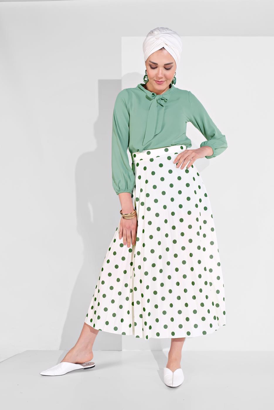 Tesettür giyim KREM PUANTİYE DESENLİ ETEK 9161