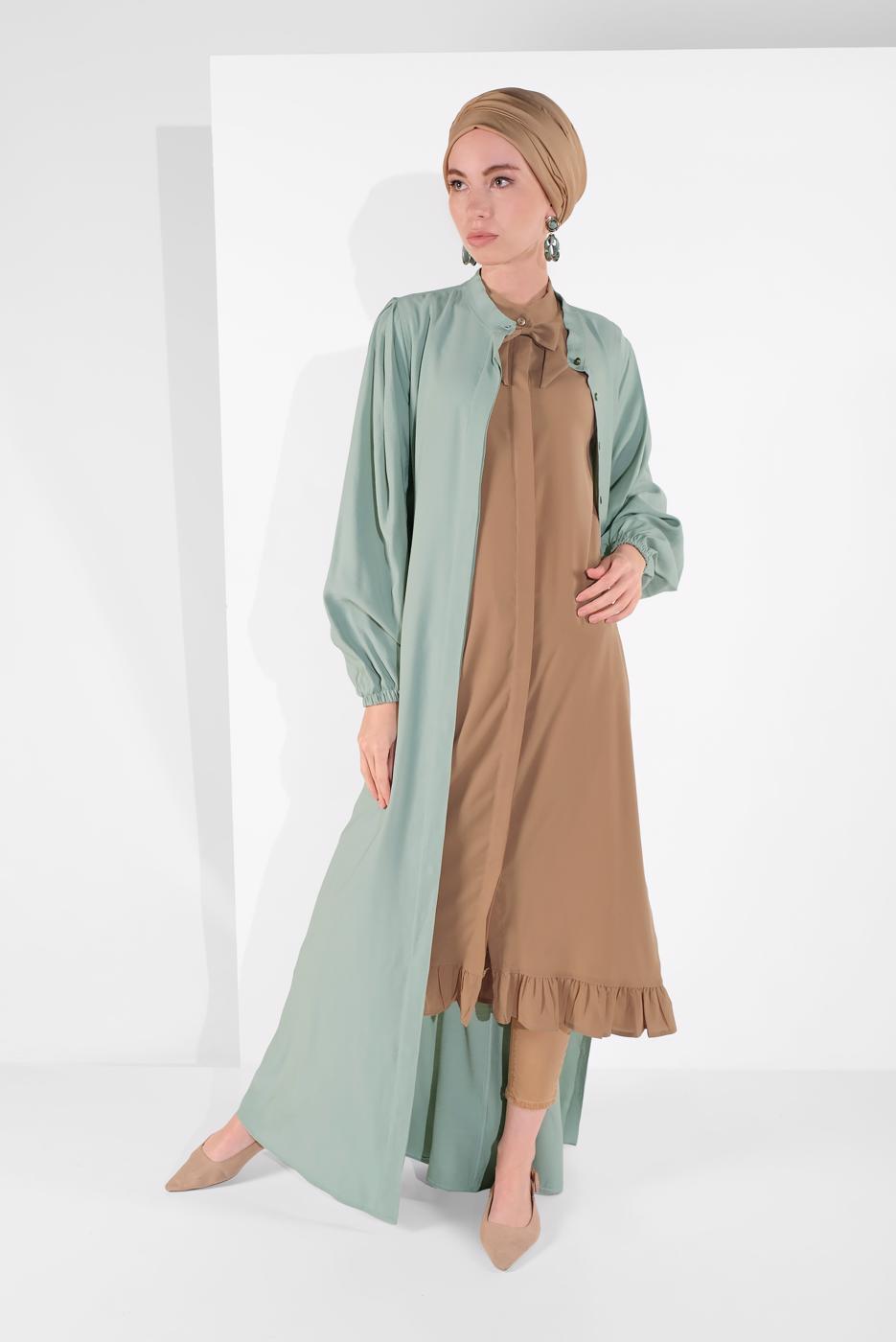 Tesettür giyim YEŞİL BOYDAN DÜĞMELİ KUŞAKLI FERACE 01206 