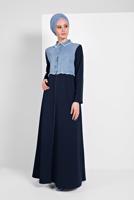Tesettür giyim LACİVERT KOT DETAYLI PAMUKLU FERACE 03206