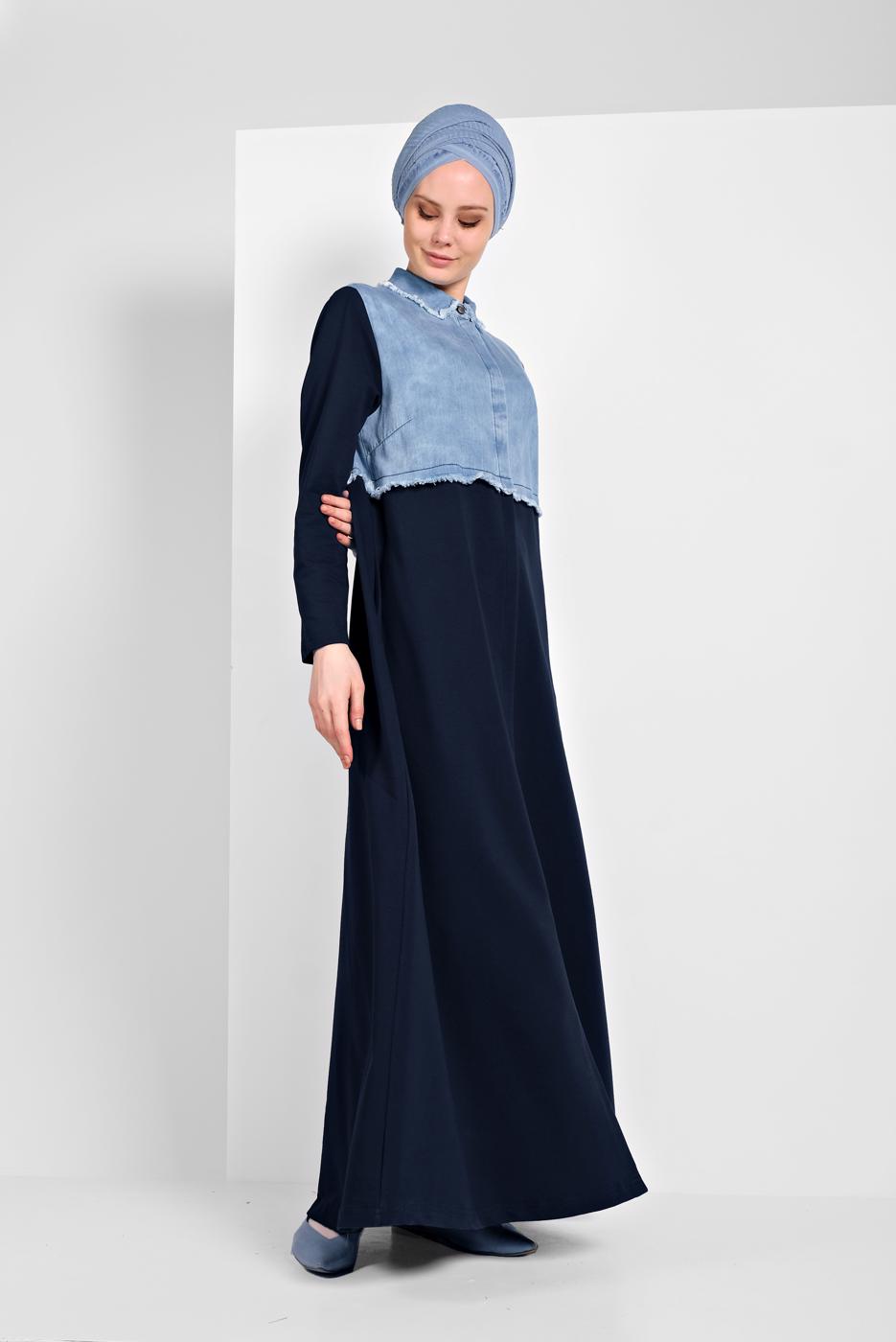 Tesettür giyim LACİVERT KOT DETAYLI PAMUKLU FERACE 03206