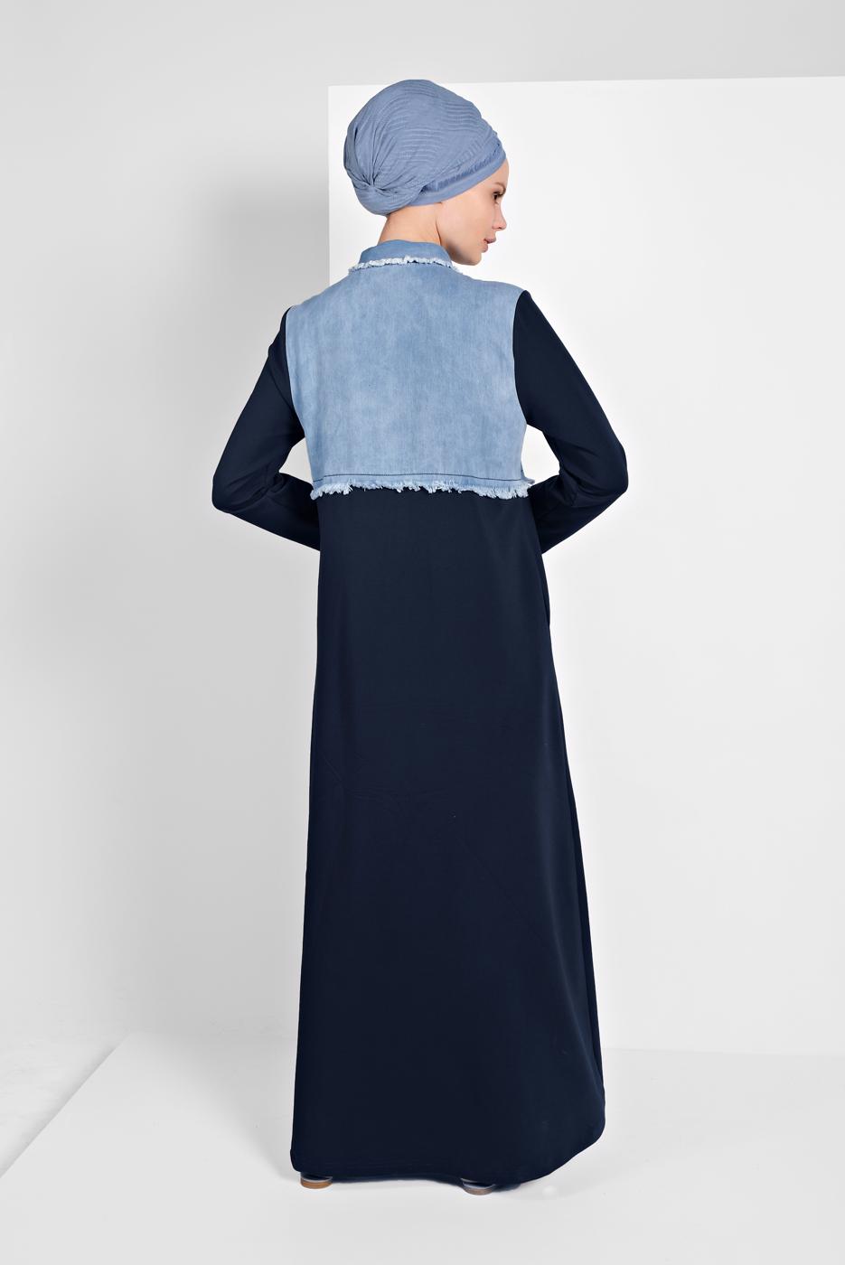 Tesettür giyim LACİVERT KOT DETAYLI PAMUKLU FERACE 03206