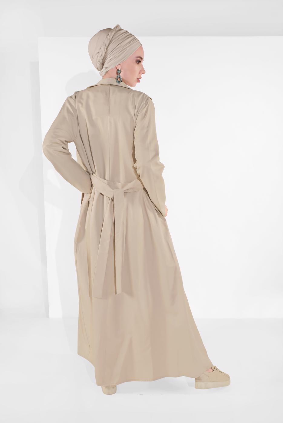 Tesettür giyim BEJ KUŞAKLI FERACE 09106