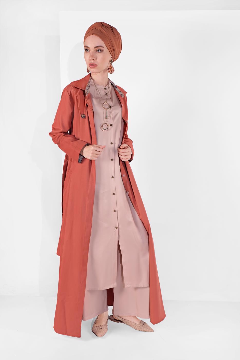 Vêtements hijab BRUN PARDESSUS AVEC CEINTURE 09106 