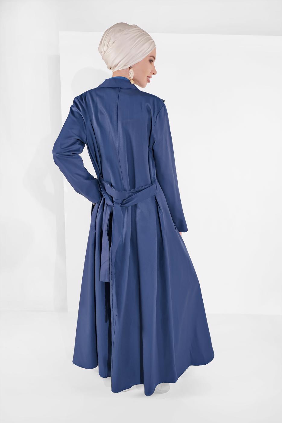 Vêtements hijab BLEU MARINE PARDESSUS AVEC CEINTURE 09106 