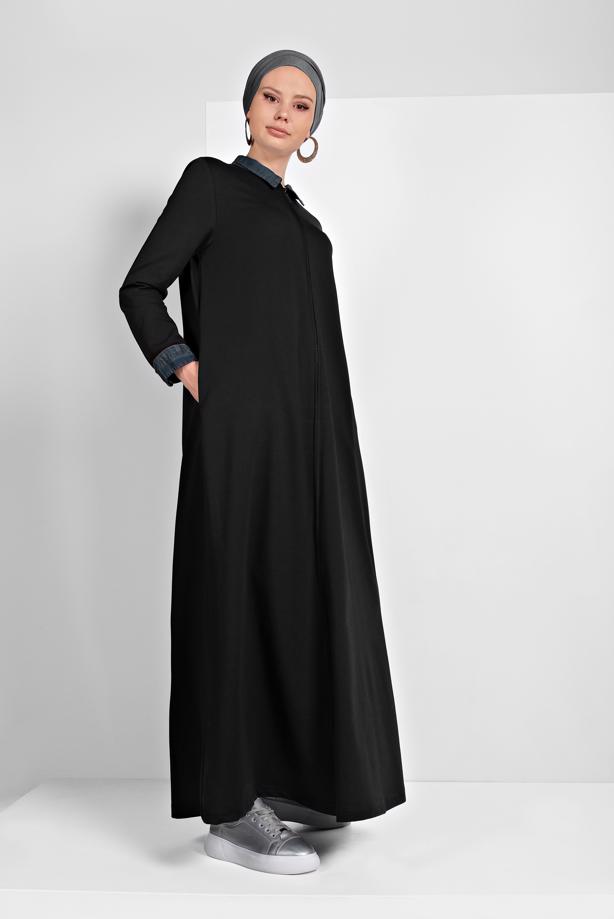 Tesettür giyim SİYAH PAMUKLU FERMUARLI FERACE 13206 - TRENDTESETTÜR