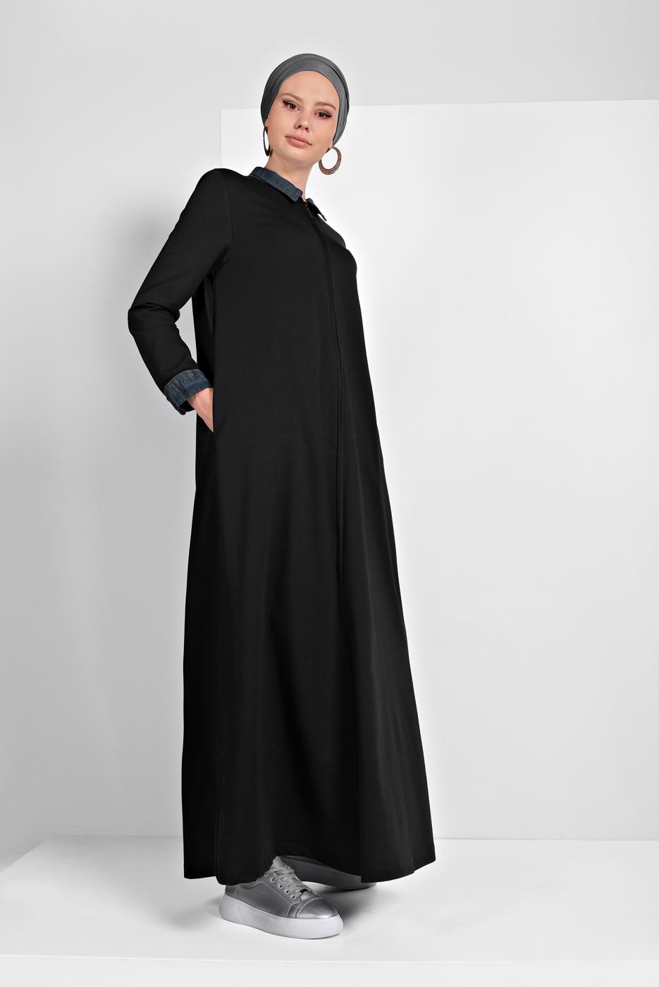 Tesettür giyim SİYAH PAMUKLU FERMUARLI FERACE 13206