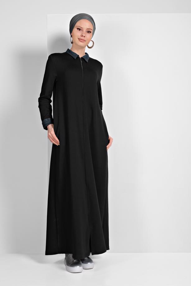 Tesettür giyim SİYAH PAMUKLU FERMUARLI FERACE 13206 - TRENDTESETTÜR